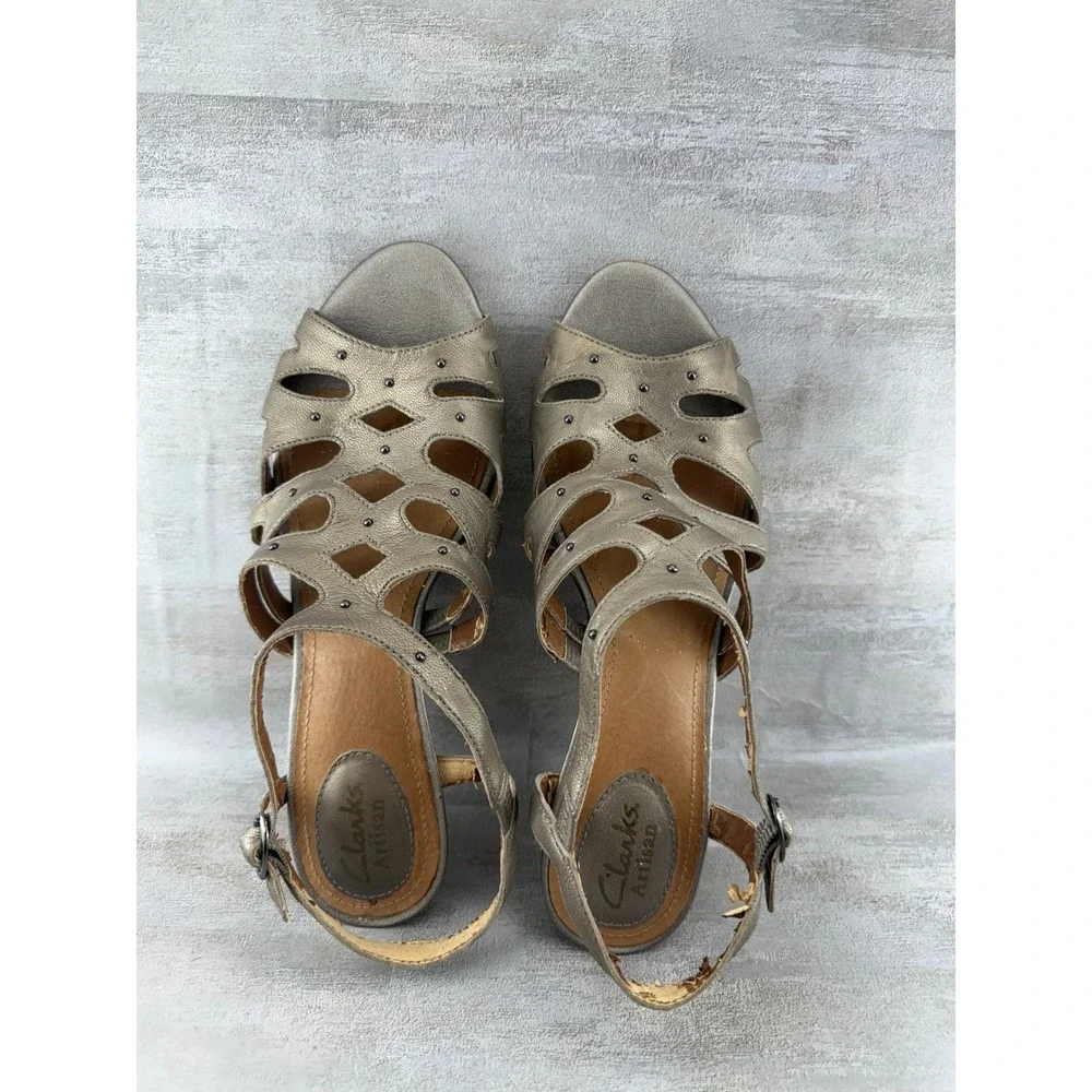 Clarks Women Metallic Pewter Leather Laser Cut Cork Wedge Sandals 60694 Size 8M